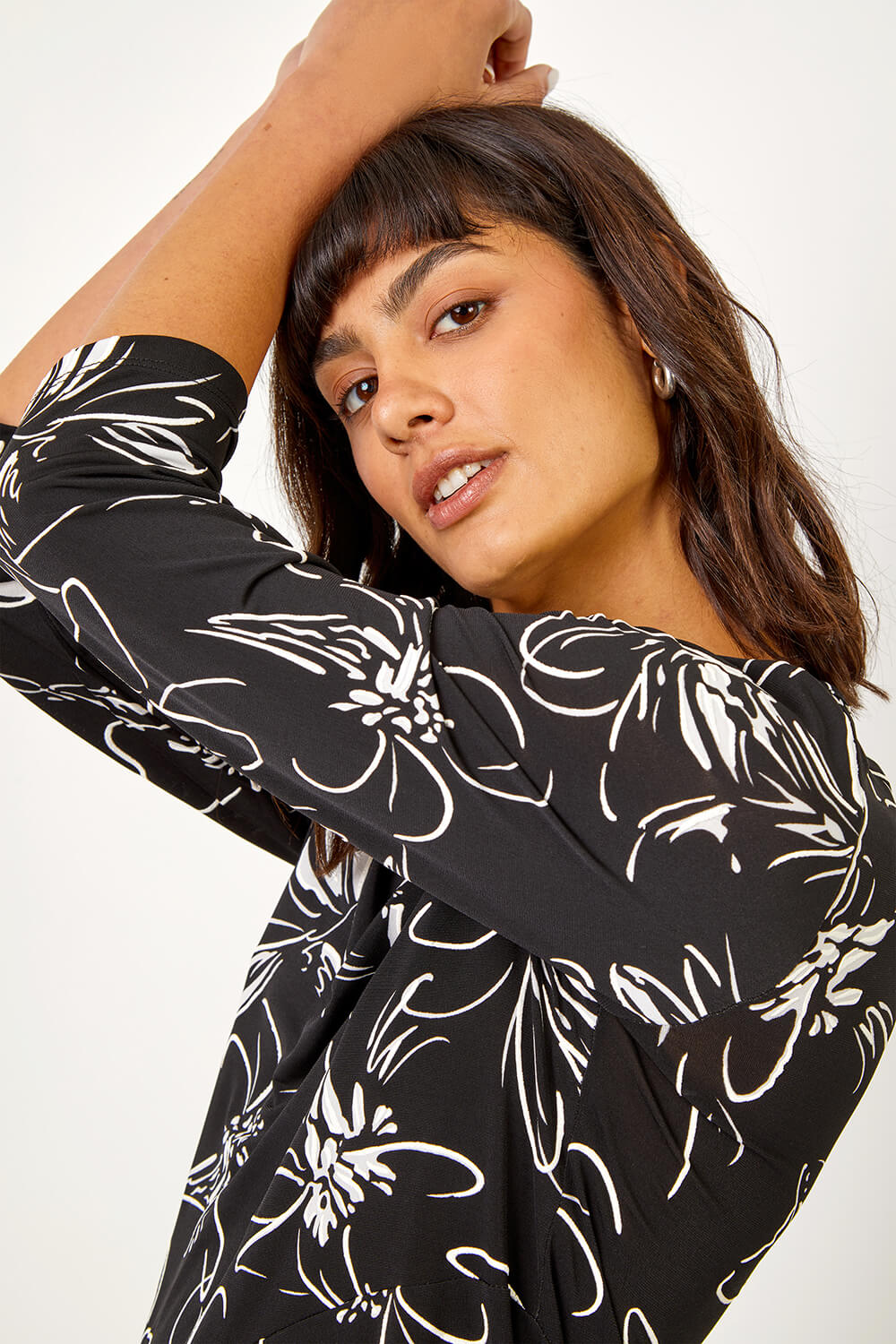 Black Linear Floral Print Hanky Hem Top , Image 6 of 5