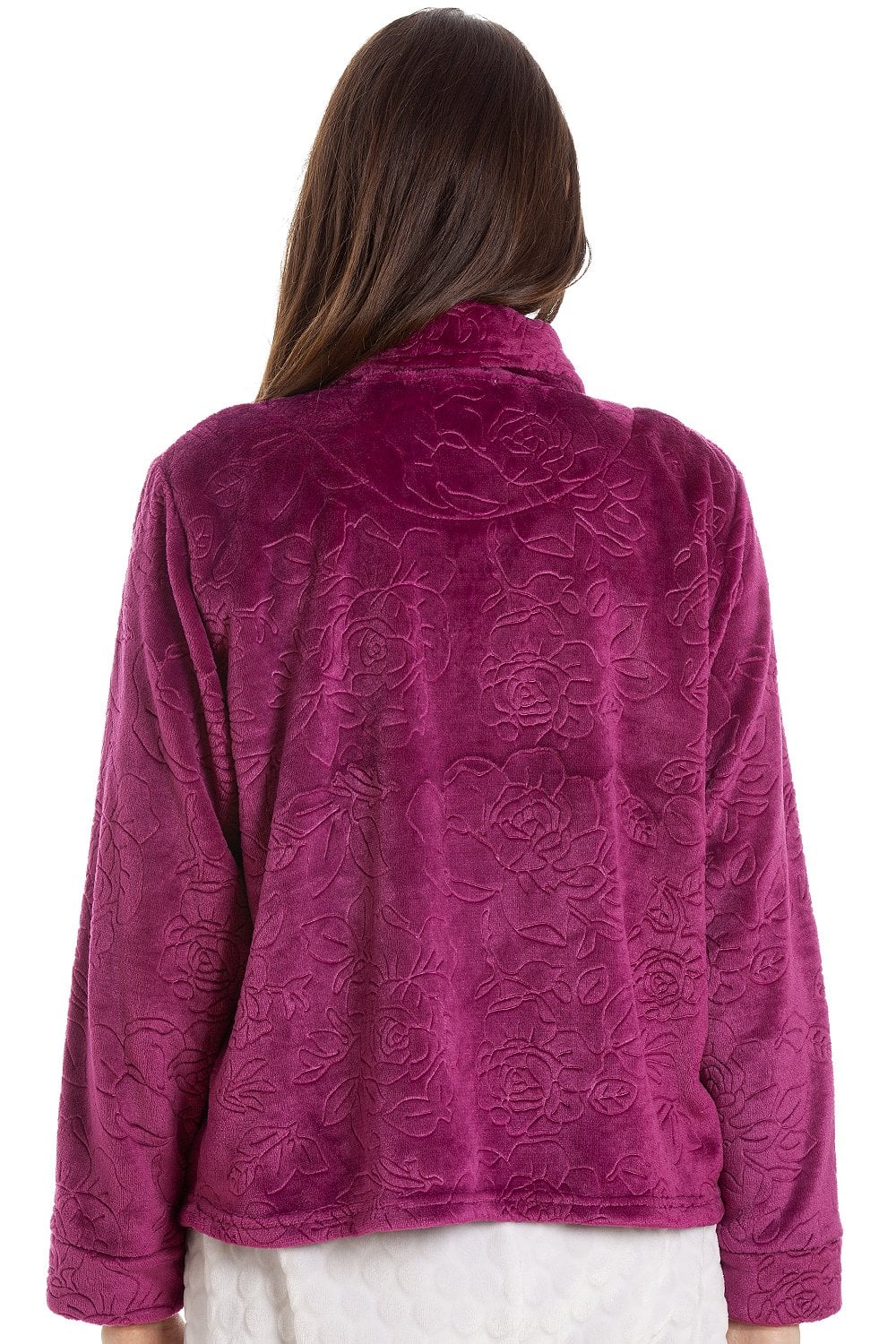 Burgundy Camille Lingerie Burgundy Button Up Rose Embossed Bed Jacket, Image 4 of 5