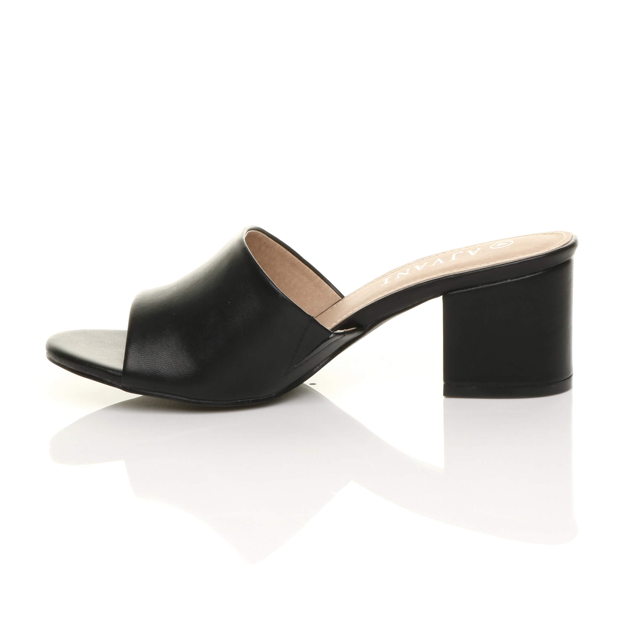 Black Mid Block Heel Peep Toe Mules Sandals, Image 3 of 6