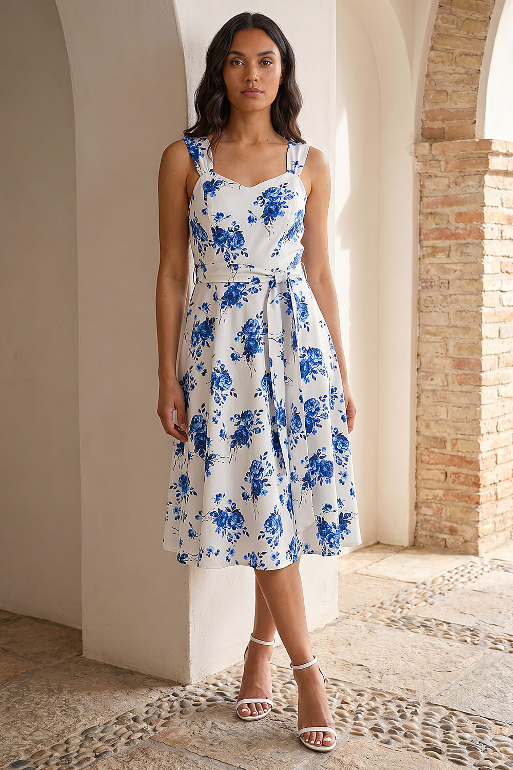 Blue Floral Tie Waist Midi Dress, Image 3 of 4