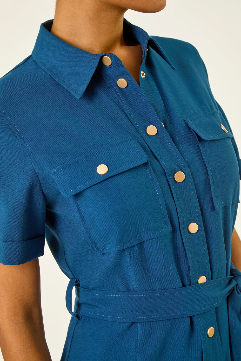 Navy  Button Belted Collared Shirt Dress, Image 5 of 4