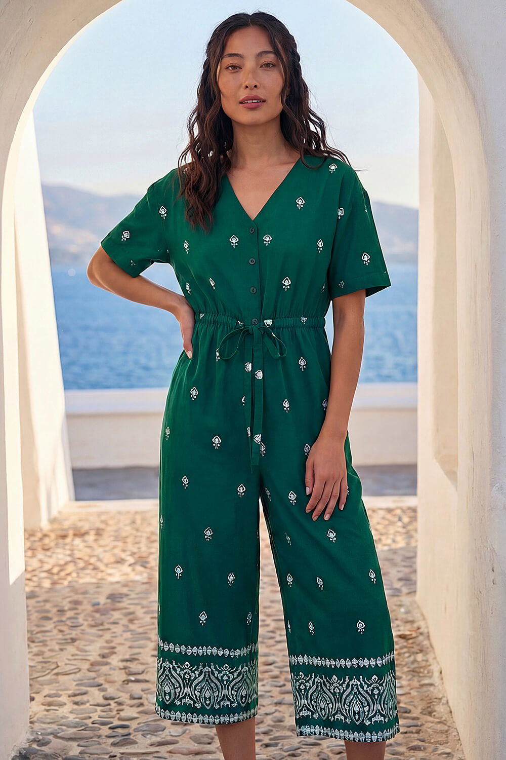 Green Petite Aztec Print Belted Jumpsuit , Image 3 of 4