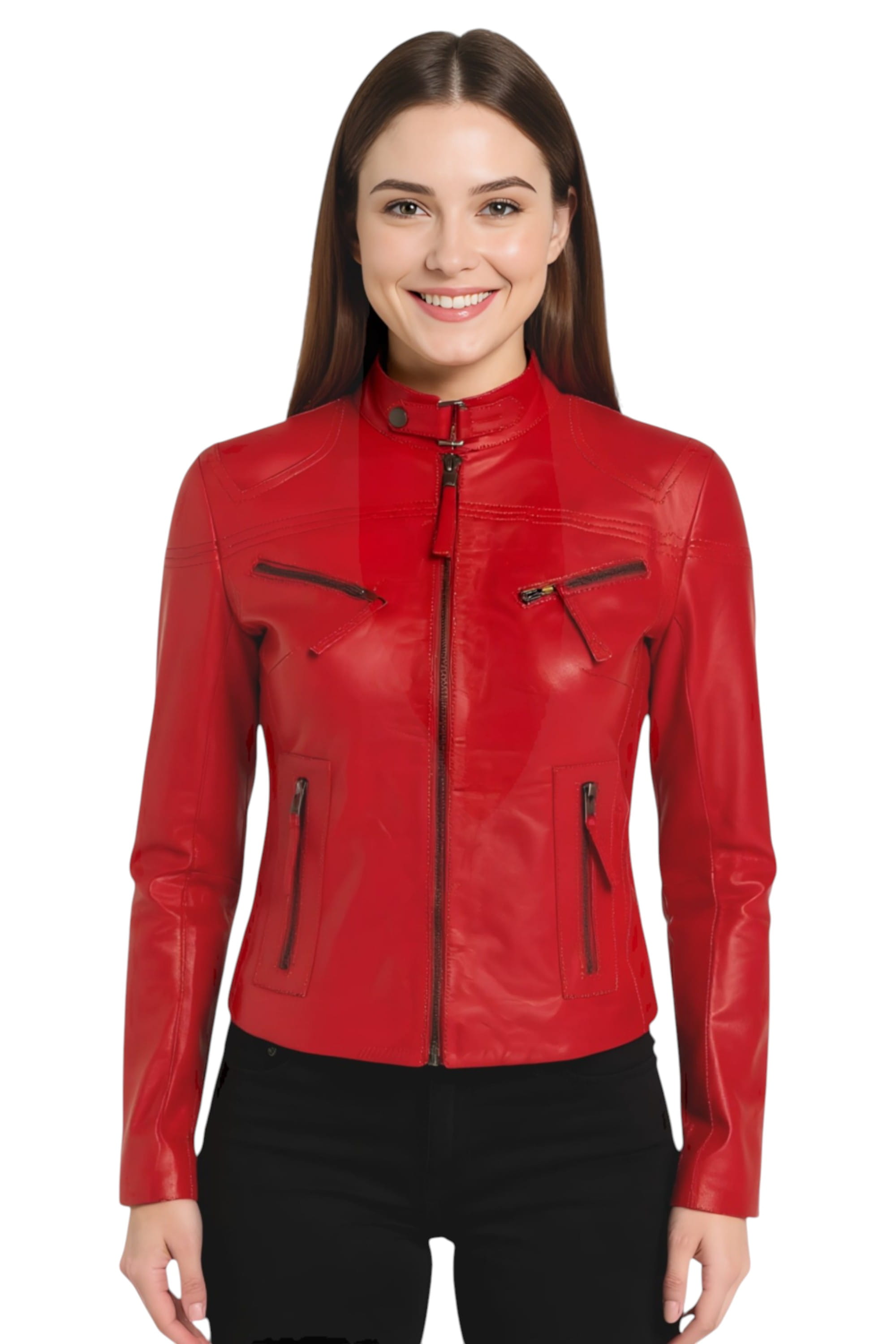 Red Slim-Fit Leather Biker Jacket-Tulsa, Image 1 of 7