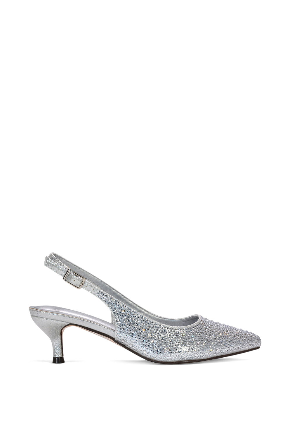 Silver XY LONDON Silver Slingback Court Shoes Pointed Kitten Heels With Crystal Details, Image 1 of 6