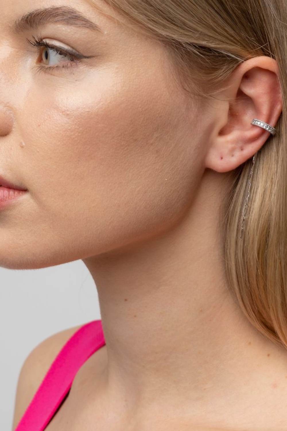 Silver Long C-shape Crystal Chain Tassel Non‑Piercing Cartilage Ear Cuffs, Image 1 of 3