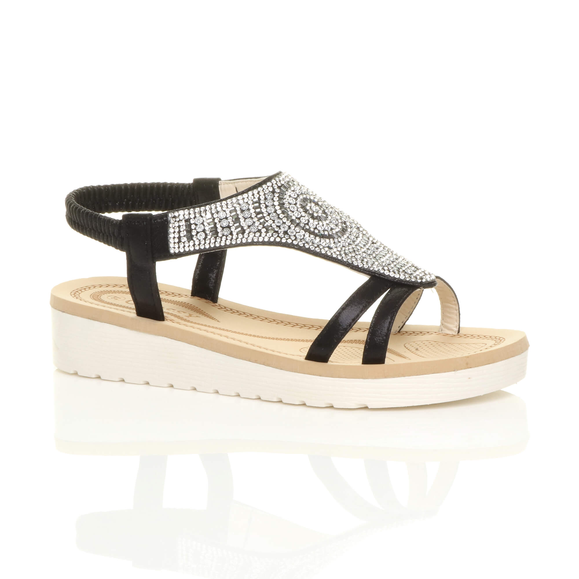 Black AJVANI Black Flatform Diamante T-Bar Slingback Sandals, Image 1 of 6