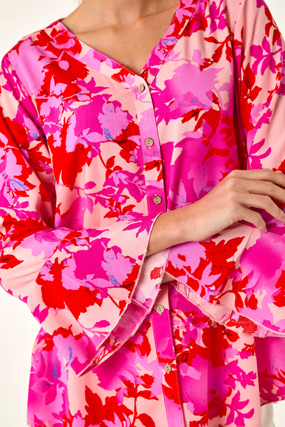 Pink Floral Print Flare Sleeve Blouse, Image 6 of 5