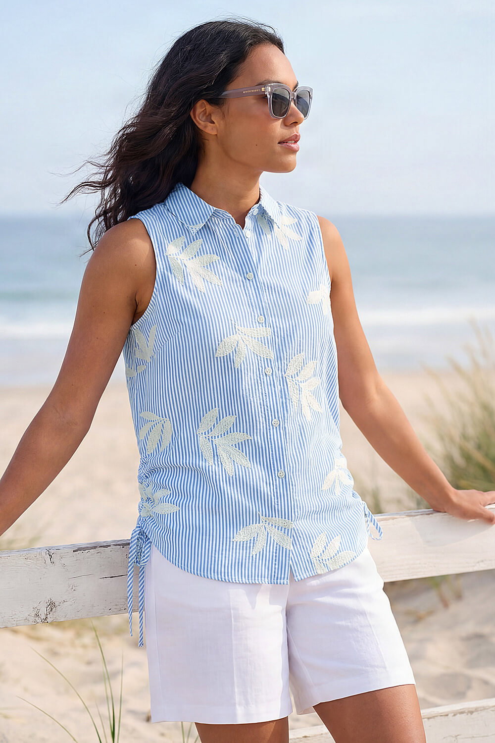 Blue Stripe Leaf Embroidered Button Up Blouse, Image 1 of 4