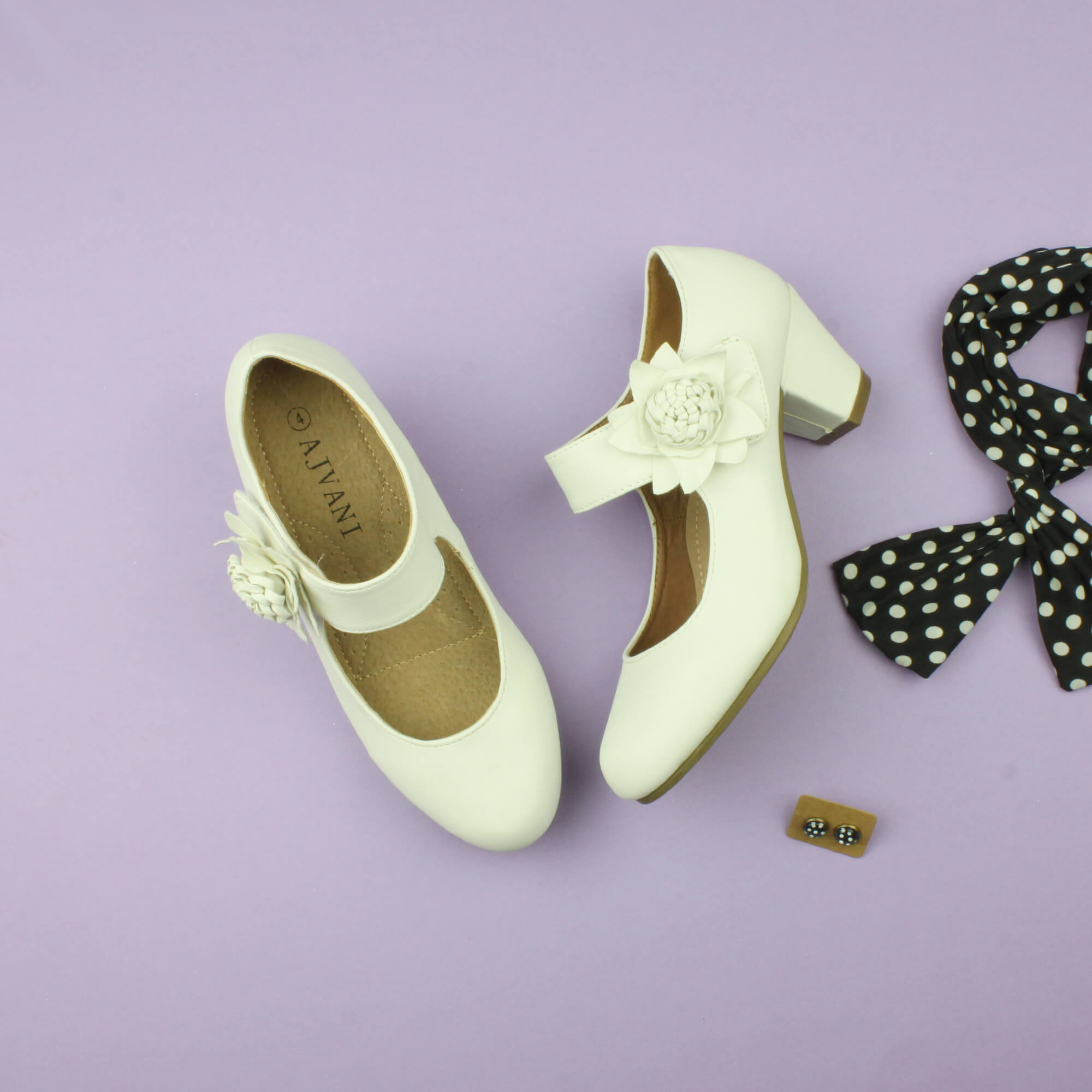 White AJVANI White Mid Block Heel Mary Jane Comfort Court Shoes, Image 4 of 6