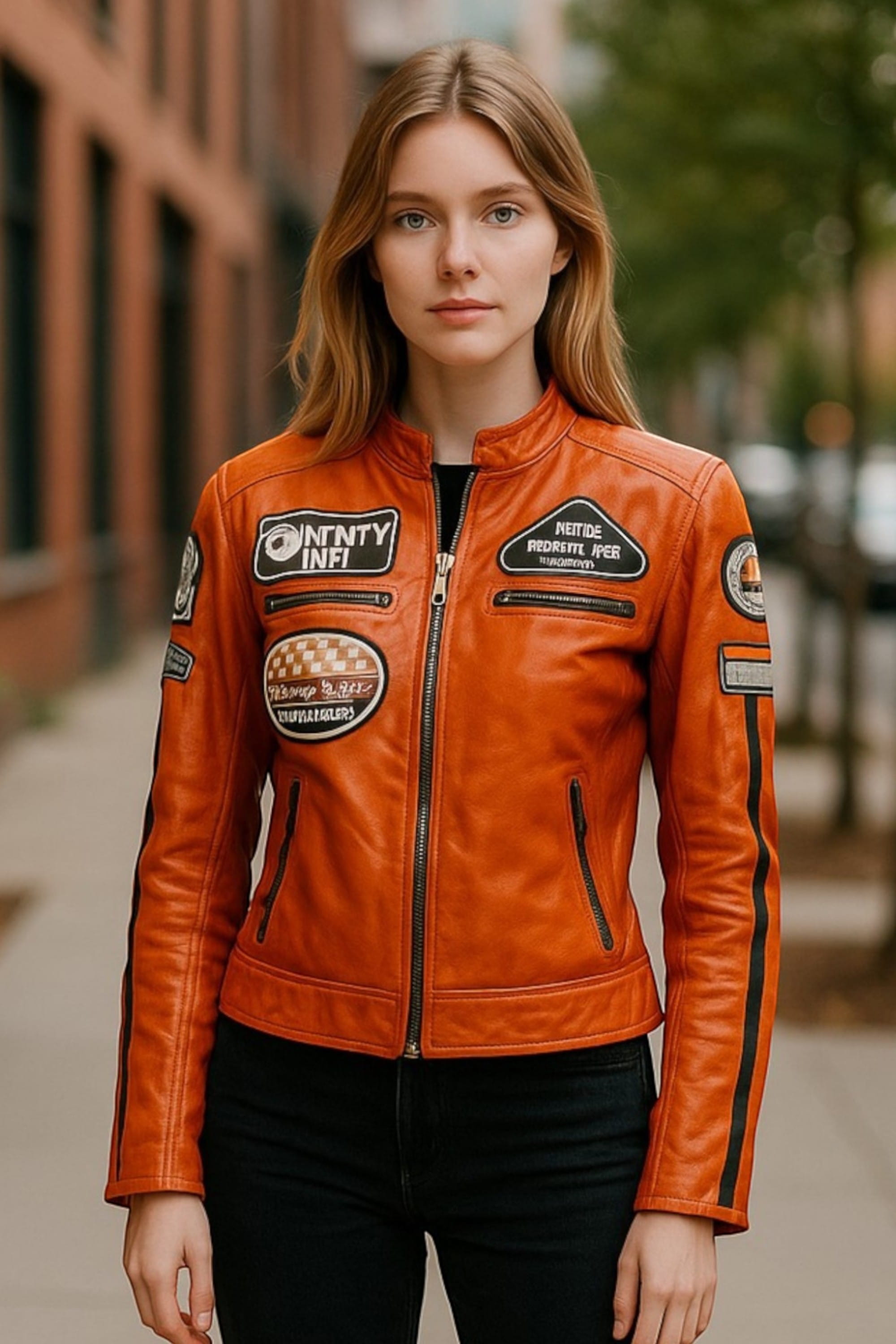 Orange Biker Racing Badges Leather Jacket, Image 1 of 6