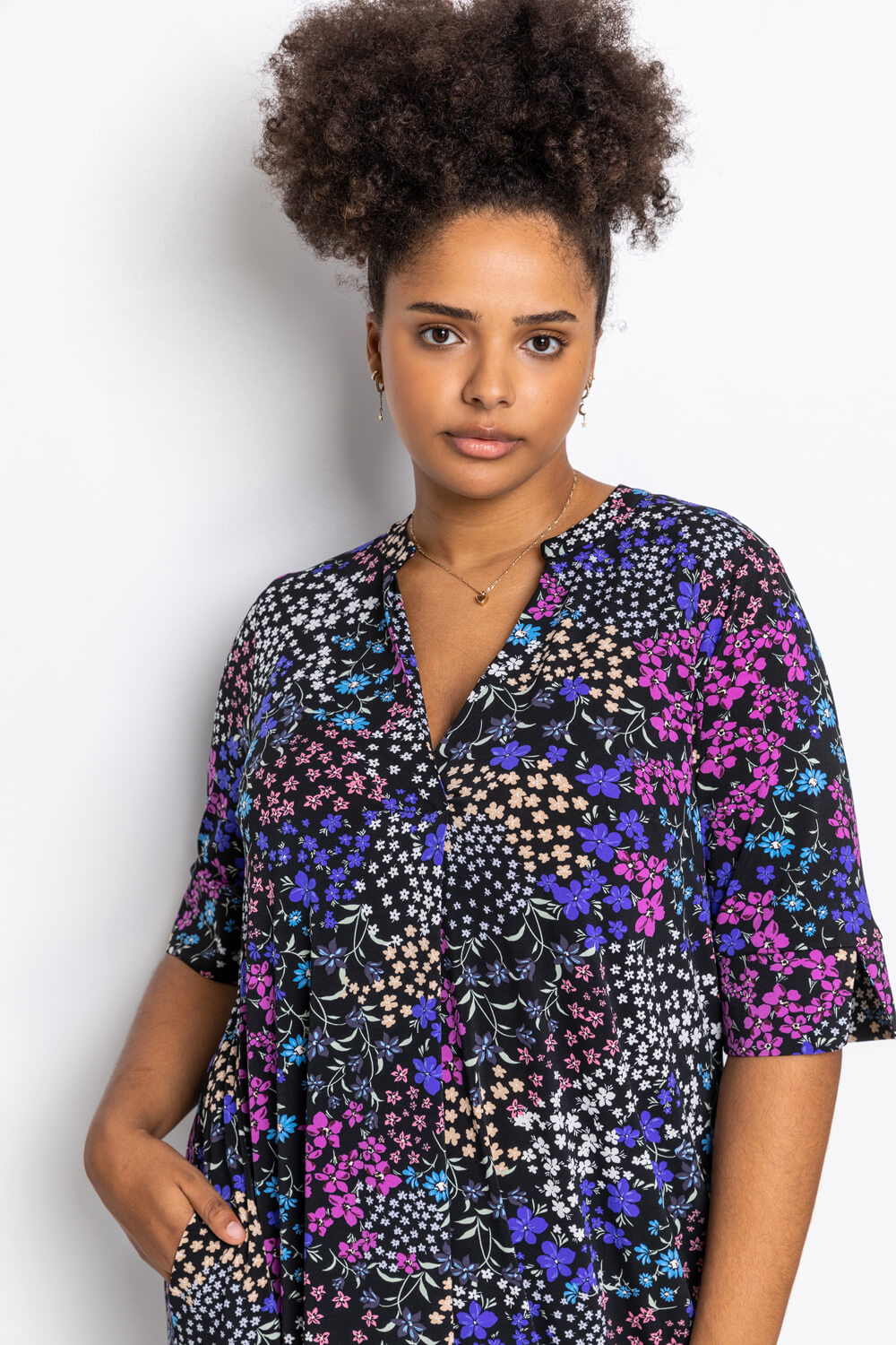 Blue Curve Patchwork Floral Tunic Dress, Image 4 of 4
