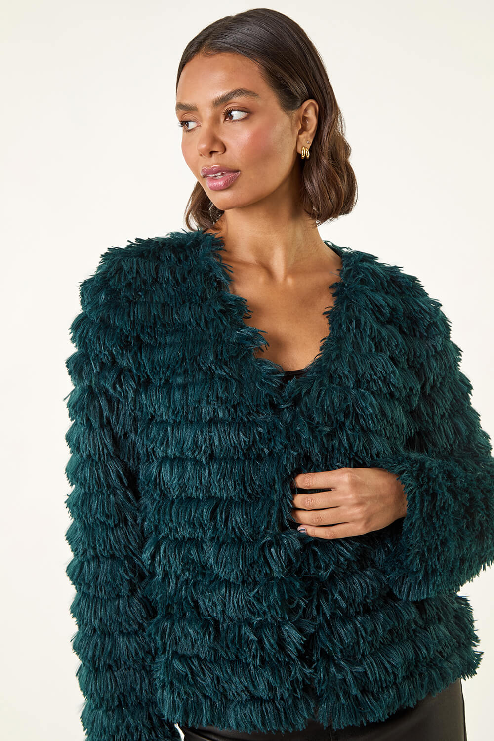 Teal Faux Fur Fluffy Layered Jacket, Image 5 of 5