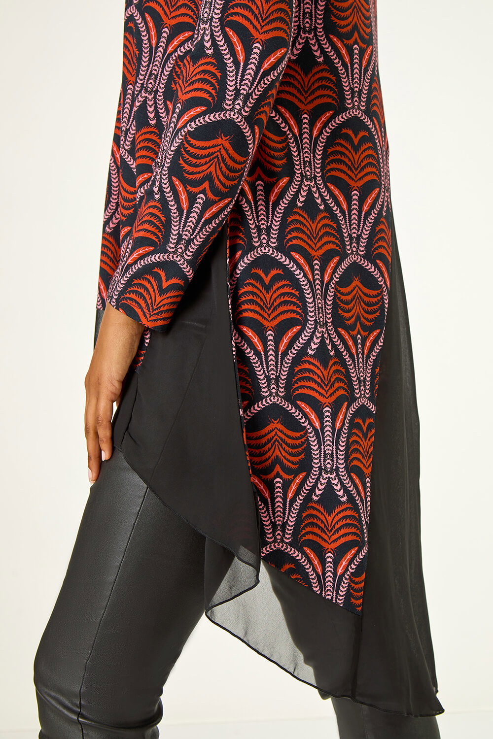 Red Chiffon Hem Printed Stretch Top, Image 6 of 5