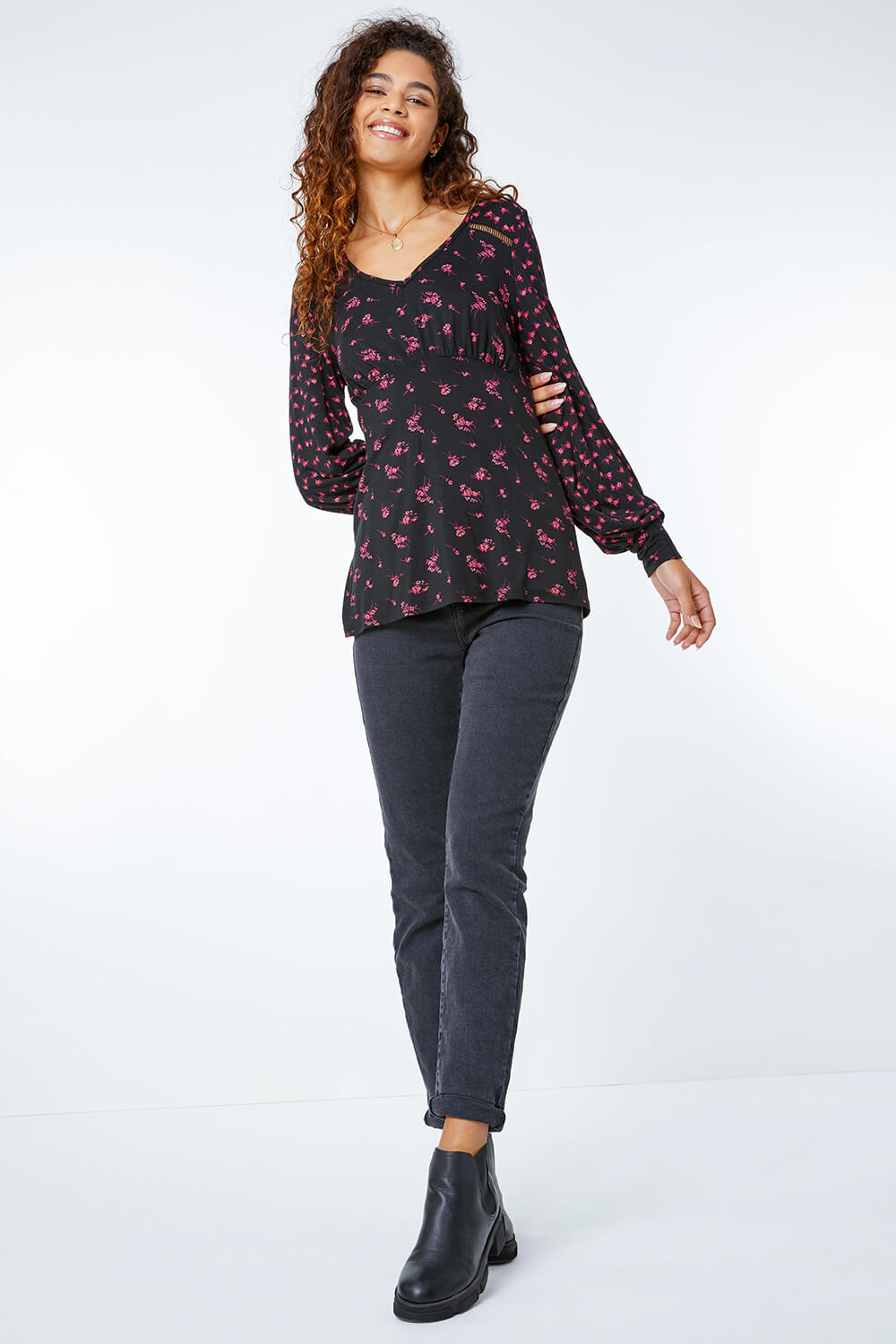 Black Ditsy Floral Ladder Lace Top , Image 3 of 5