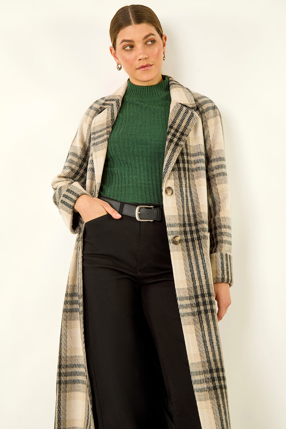 Ivory Check Print Longline Coat, Image 3 of 7