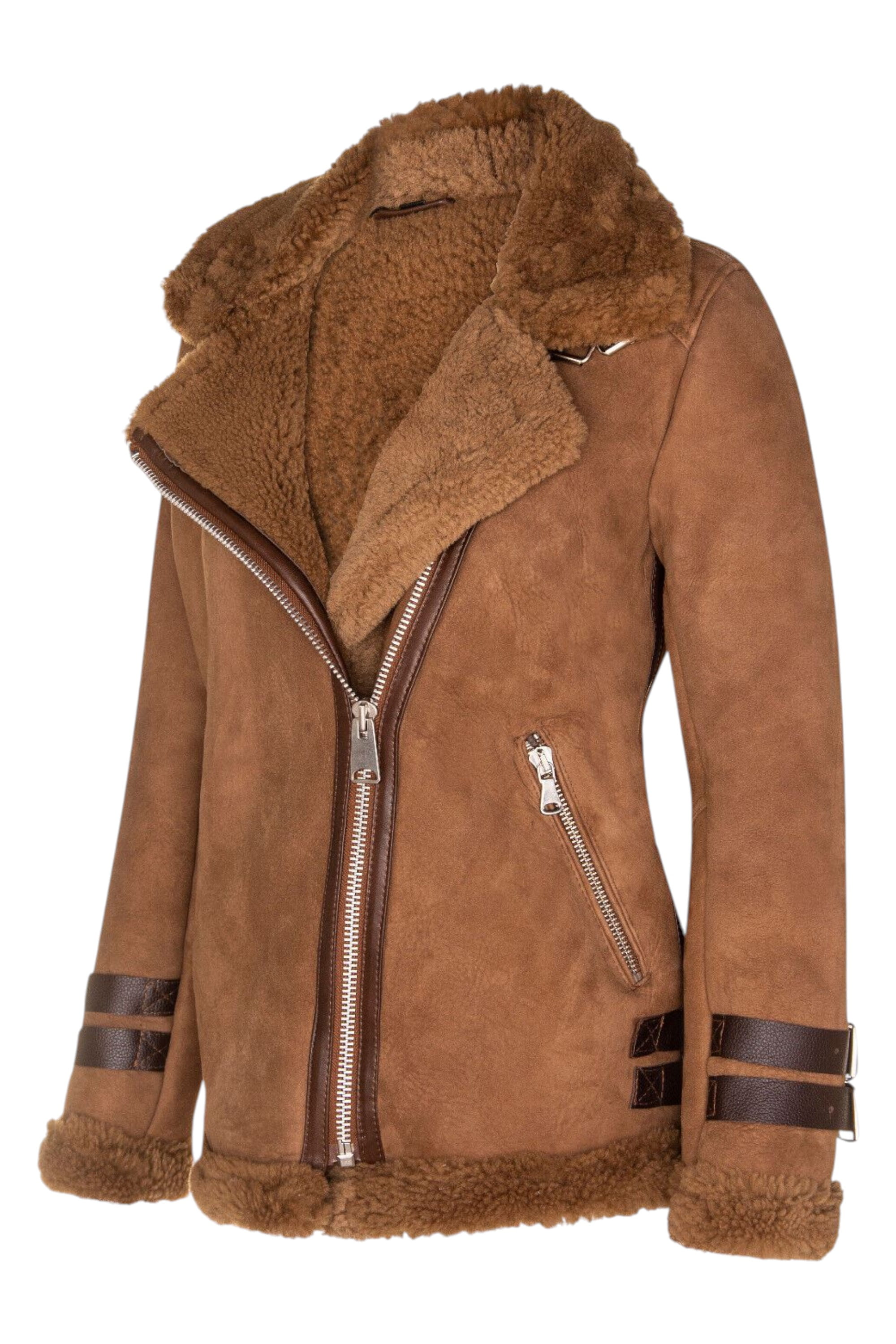Brown Womens Sheepskin Biker Jacket - Alamar, Image 2 of 4
