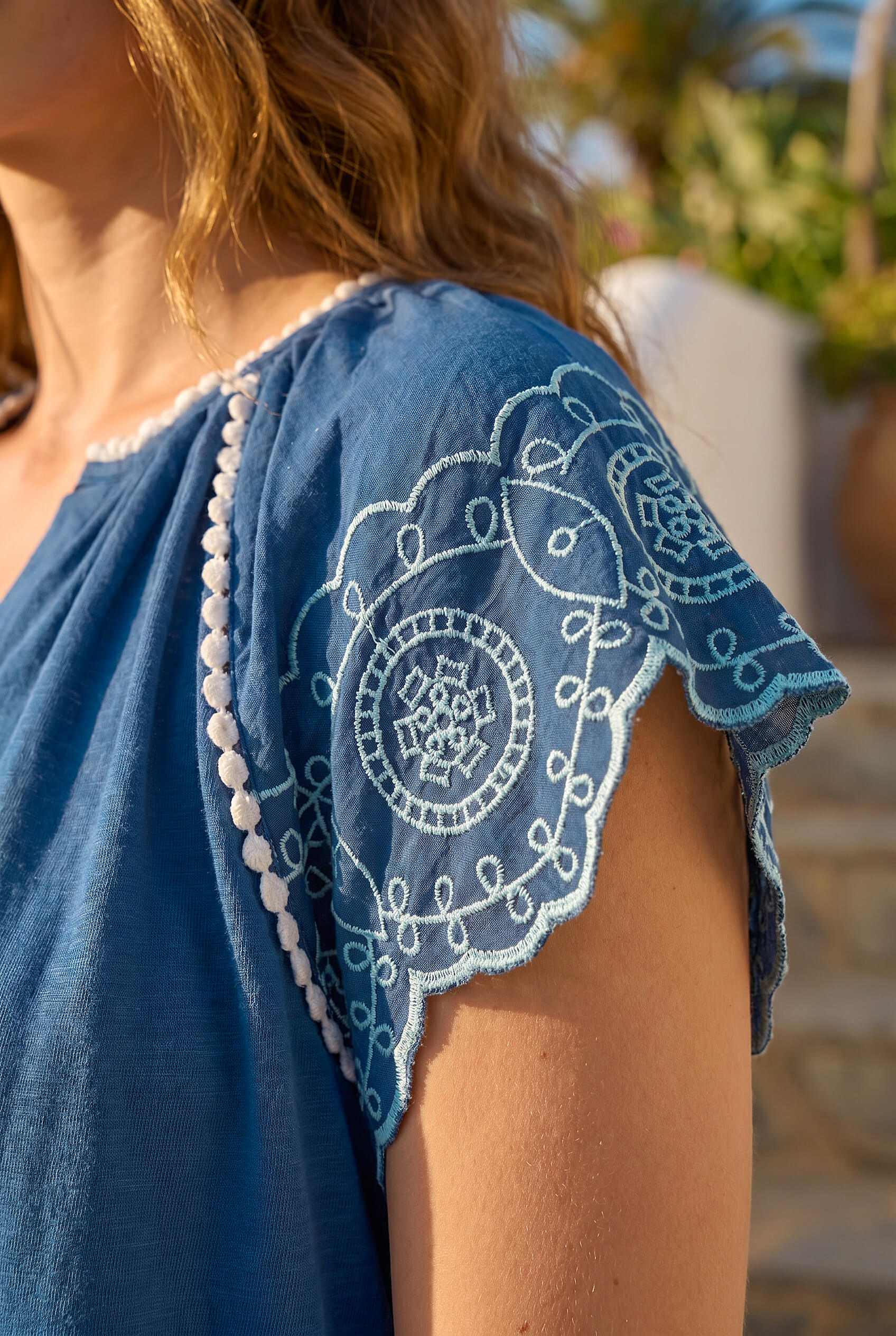 Navy Petite Embroidered V-Neck Top, Image 5 of 4