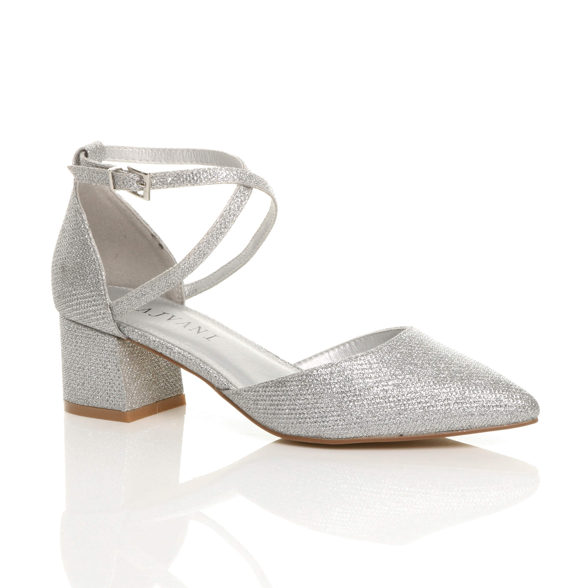 Silver Mid Block Heel Crossed Straps Pointed Toe 2 Part Heels, Image 1 of 6