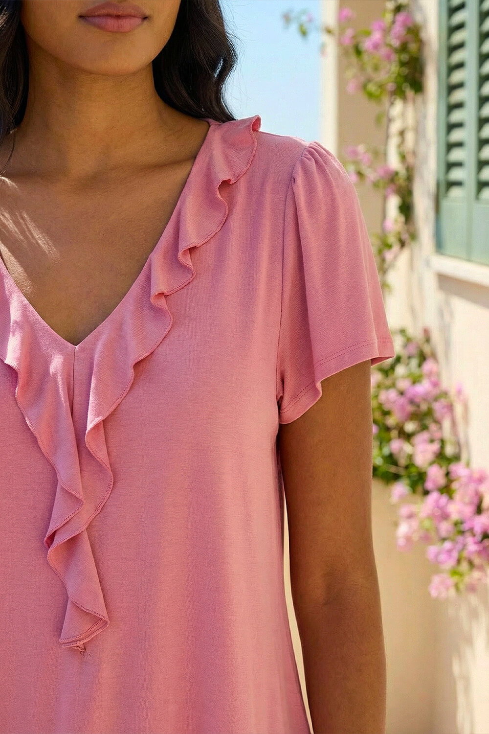 Pink Ruffle Front Stretch Top, Image 5 of 4