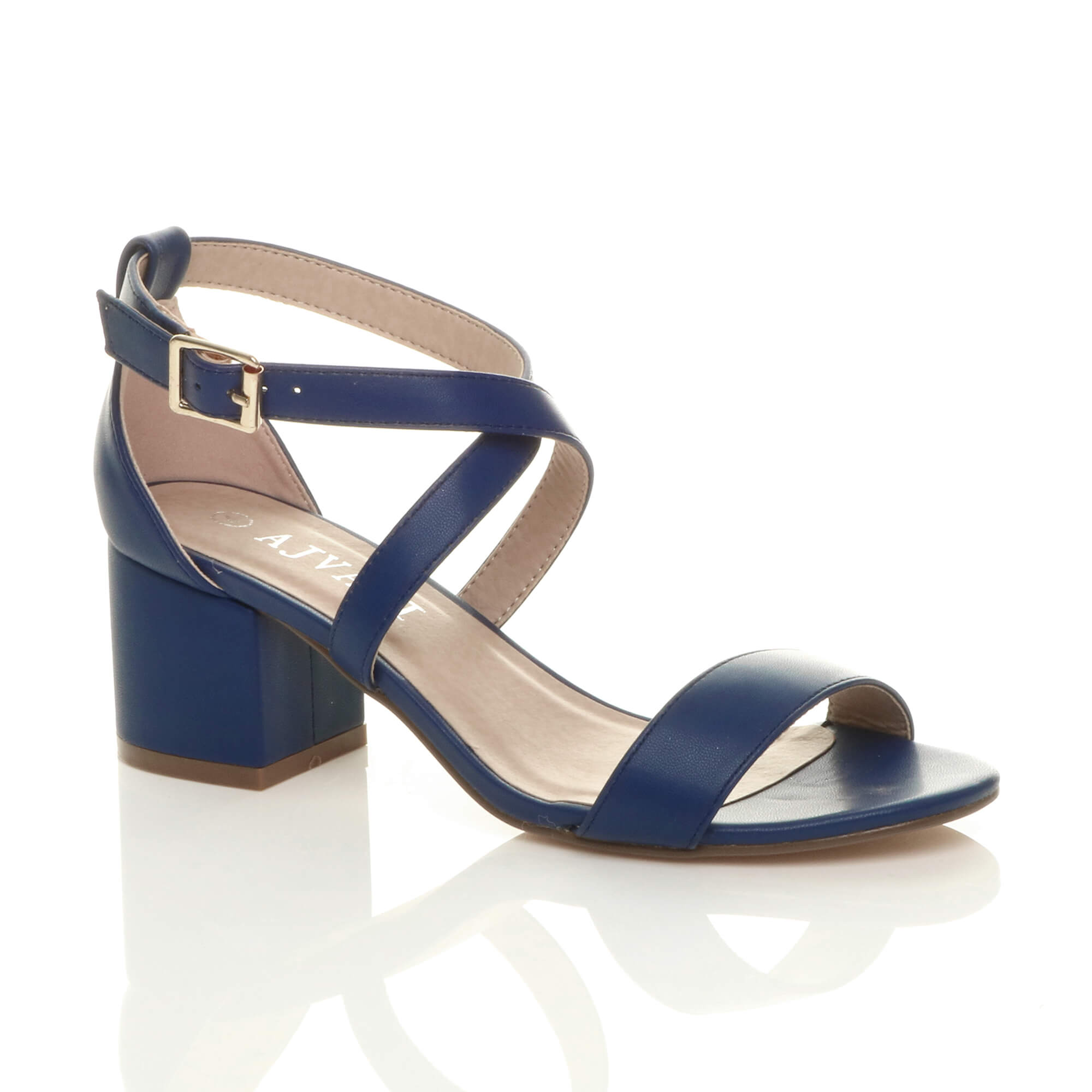 Navy Blue AJVANI Navy Blue Mid Block Heel Crossed Straps Sandals, Image 1 of 6