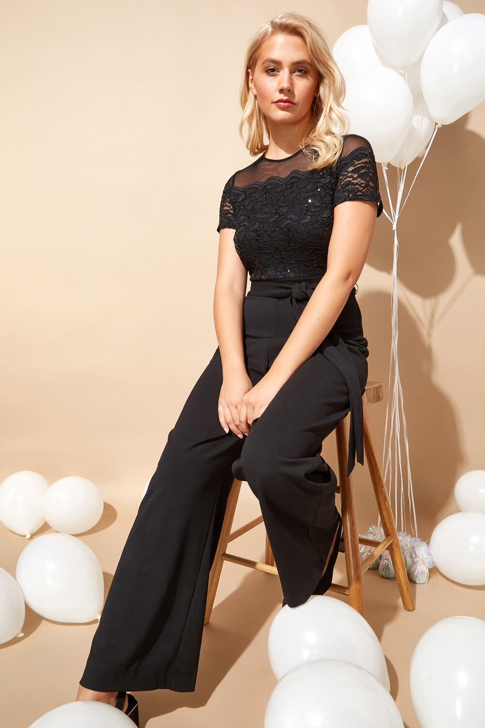 Black Lace Bodice Wide Leg Jumpsuit, Image 3 of 5