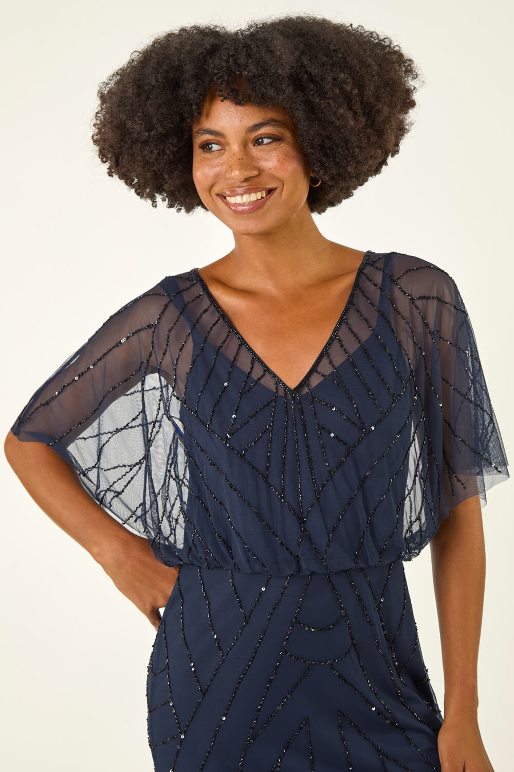 Midnight Blue Embellished V-Neck Midi Dress, Image 5 of 5