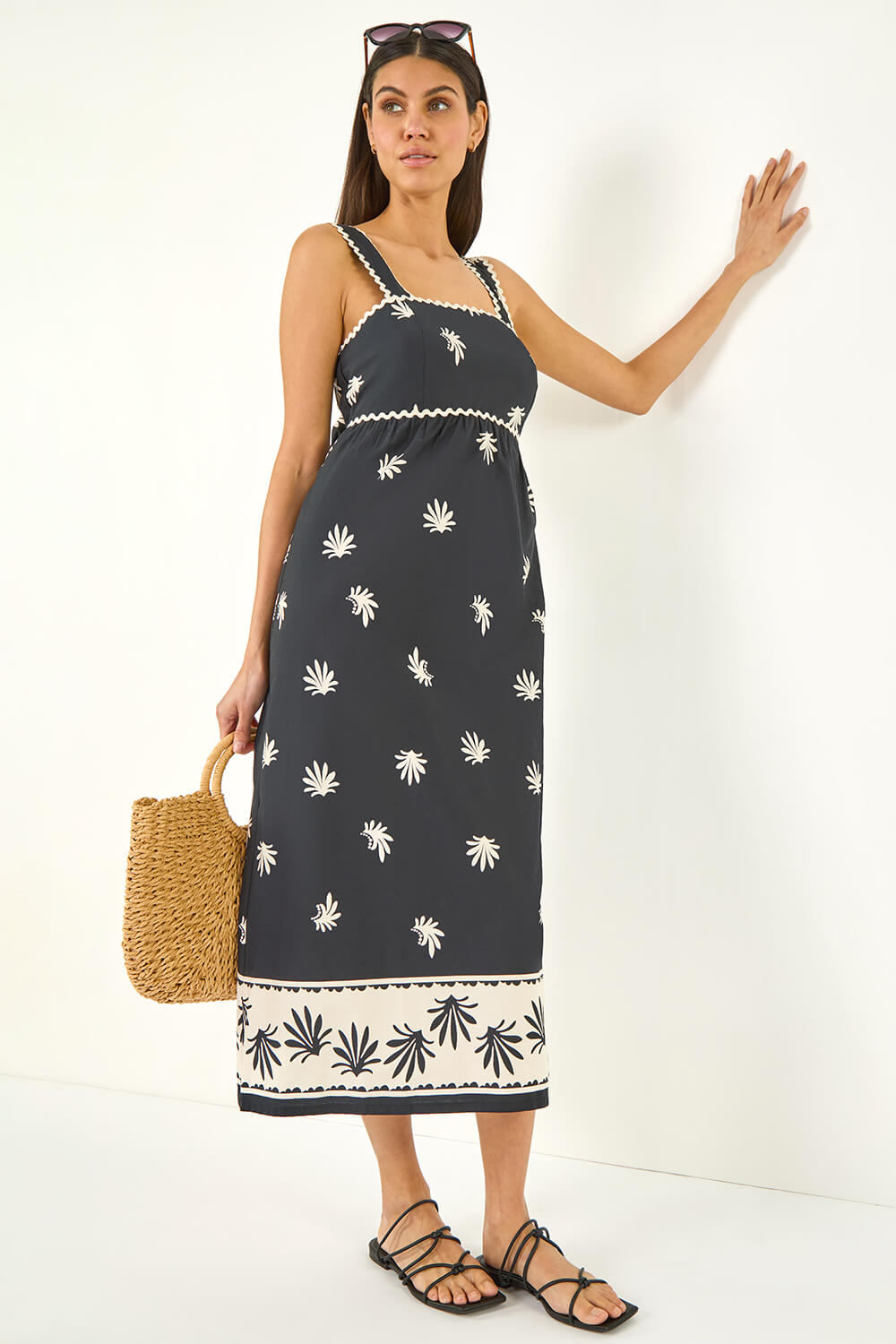 Black Leaf Print Ric Rac Midi Dress | Roman UK