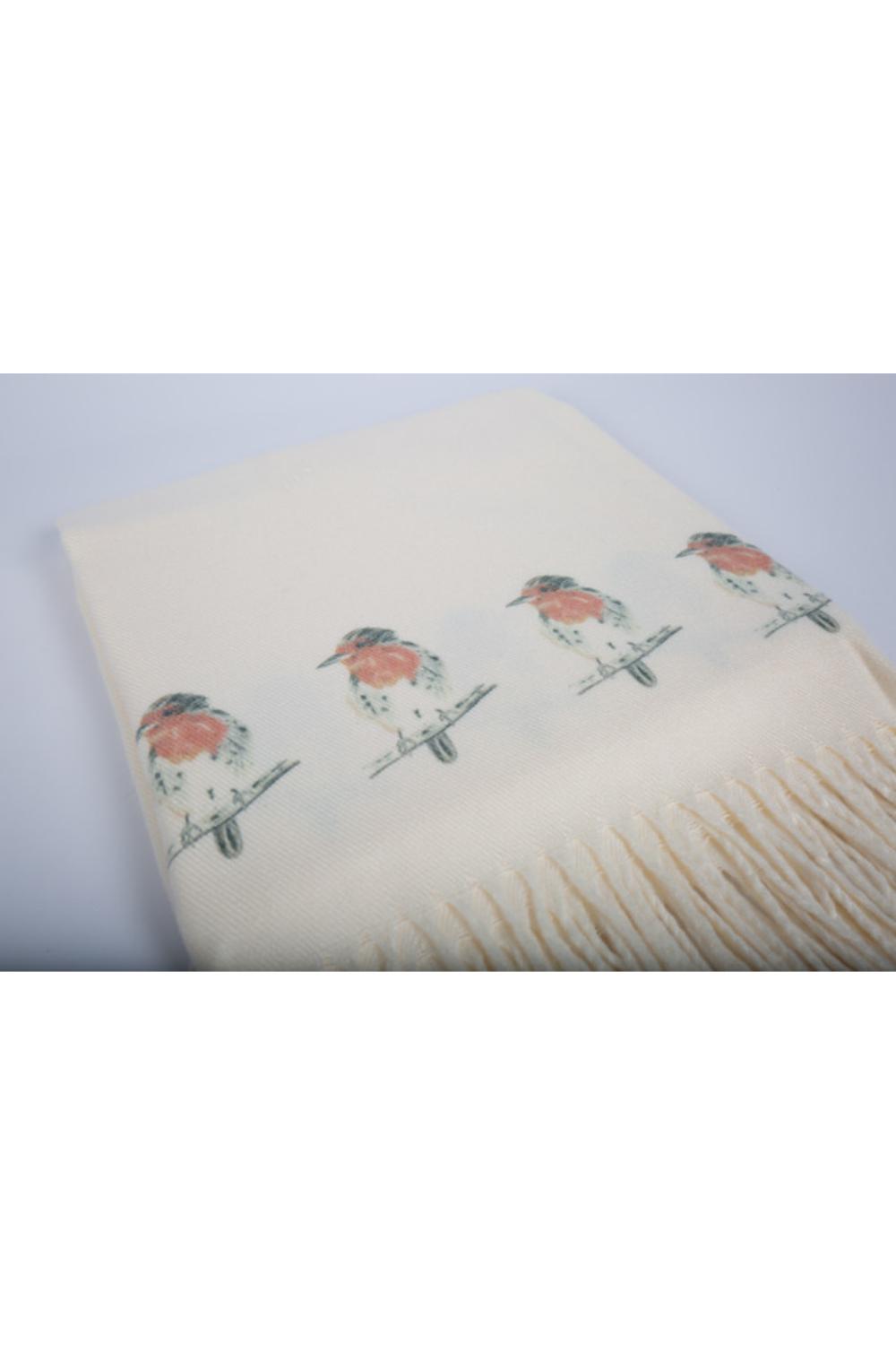 Cream Cashmere Feel Luxury Scarf Handprinted with Robins, Image 2 of 2