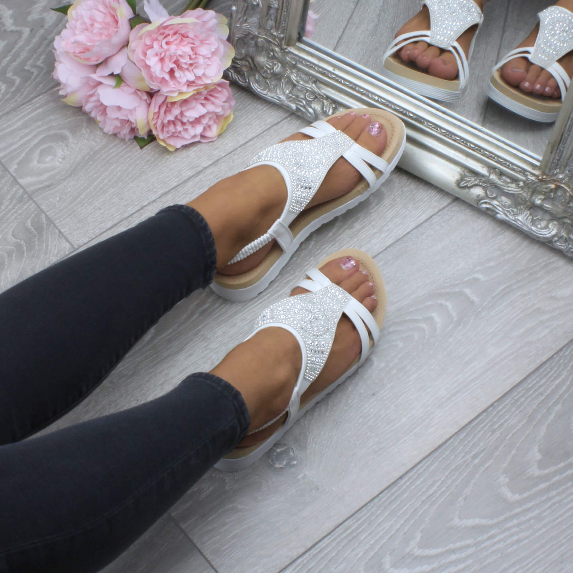 White AJVANI White Flatform Diamante T-Bar Slingback Sandals, Image 5 of 6