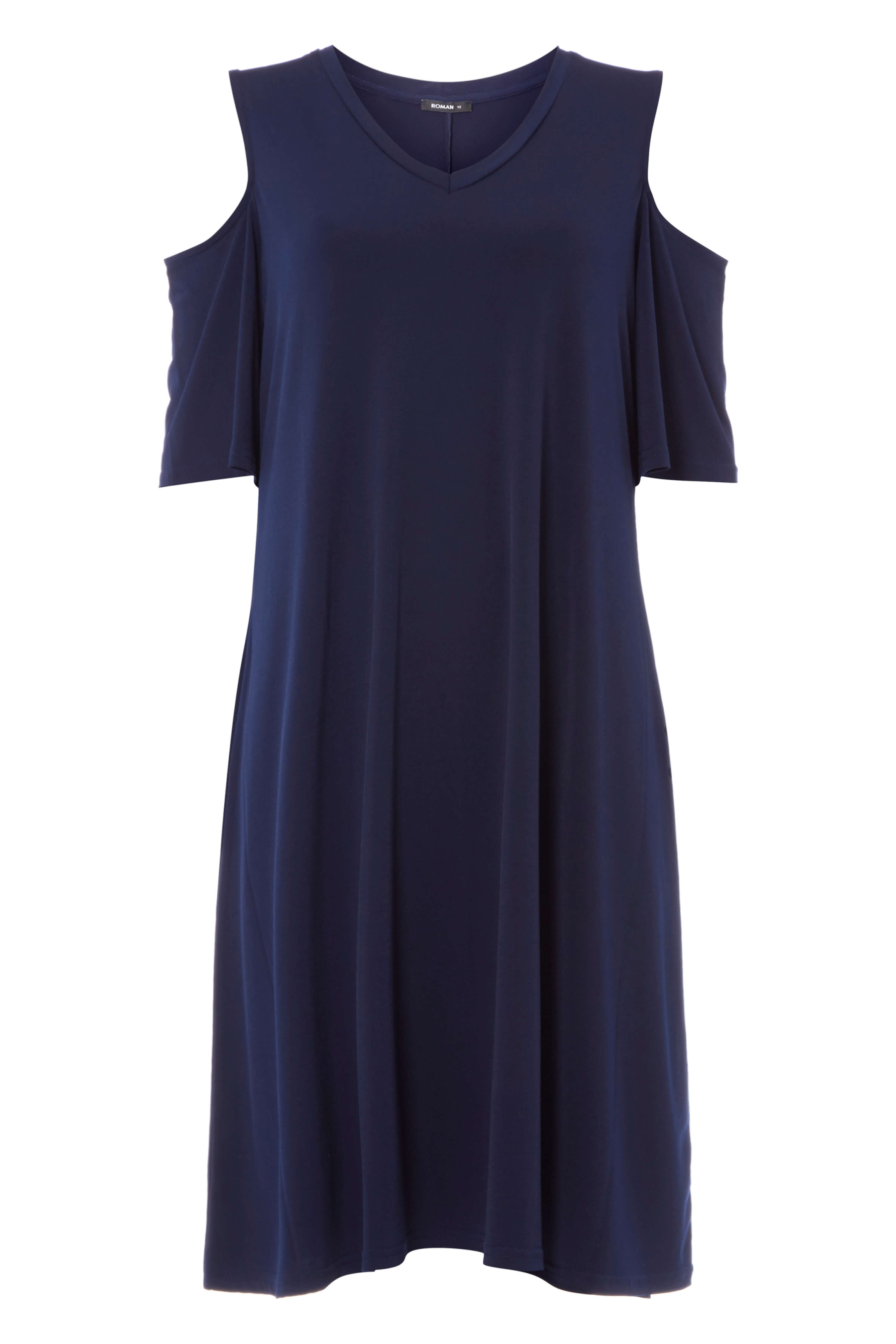 Navy Cold Shoulder Swing Dress, Image 5 of 4