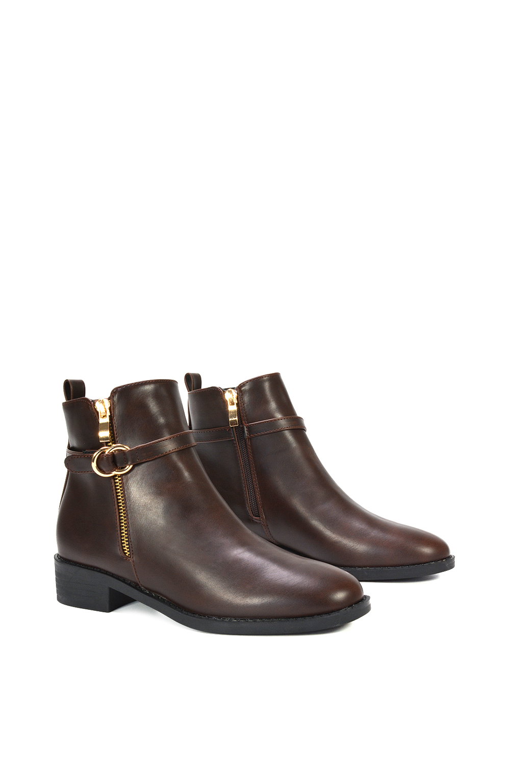 Brown XY LONDON Brown 'Lorna' Flat Low Heel Ankle Booties With Decorative Buckle and Zip, Image 6 of 7