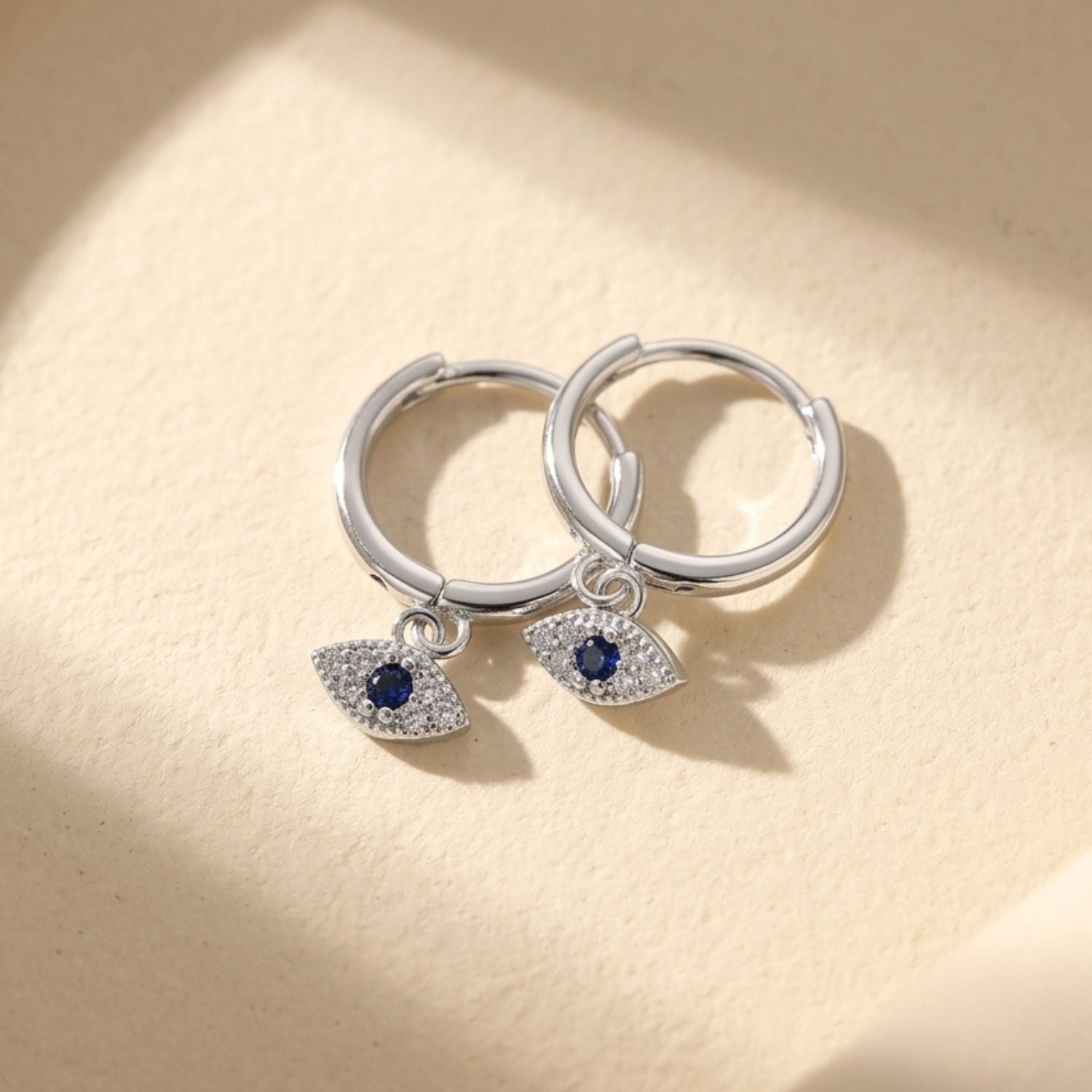 Metallic Minimalist Small Evil Eye Charm Dainty Hoop Sterling Silver Earrings