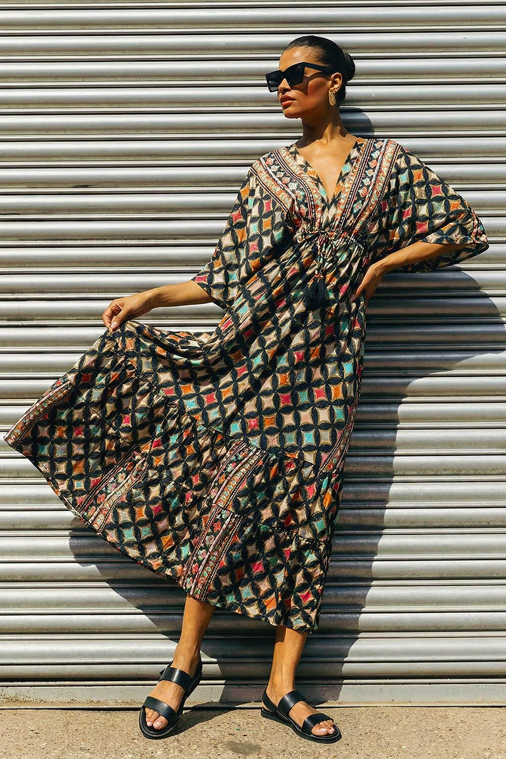 Multi Geo Print V-Neck Frill Maxi Dress, Image 4 of 6