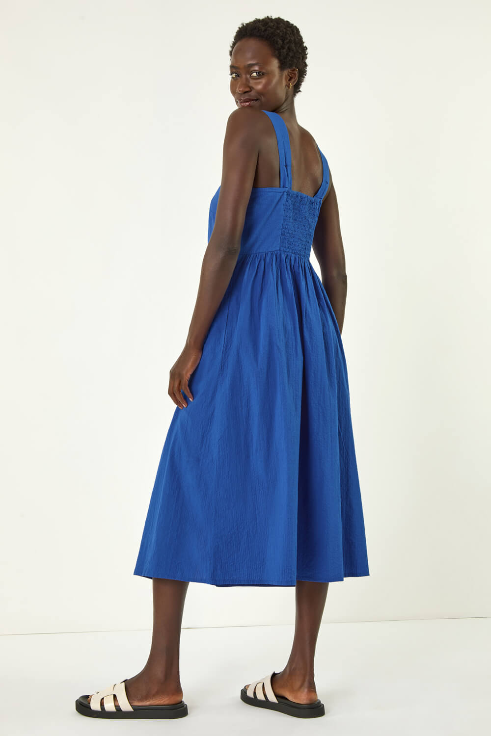Royal Blue Seersucker Button Midi Sundress, Image 4 of 5
