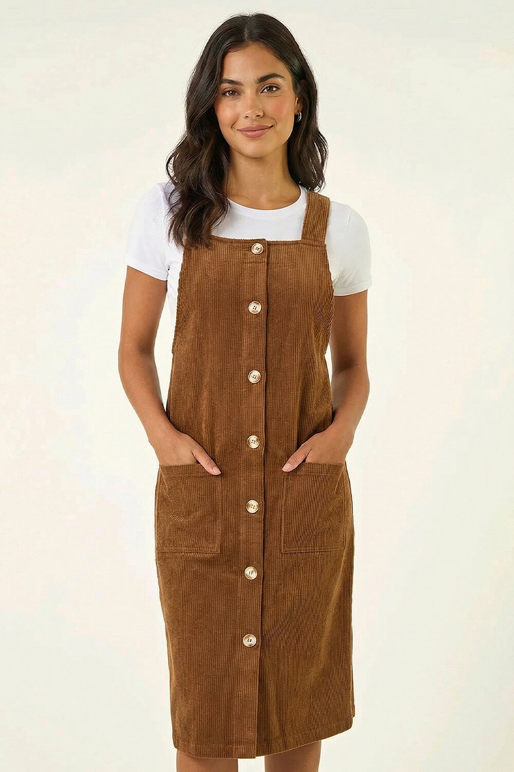 Chocolate Corduroy Pinafore Midi Dress, Image 6 of 5