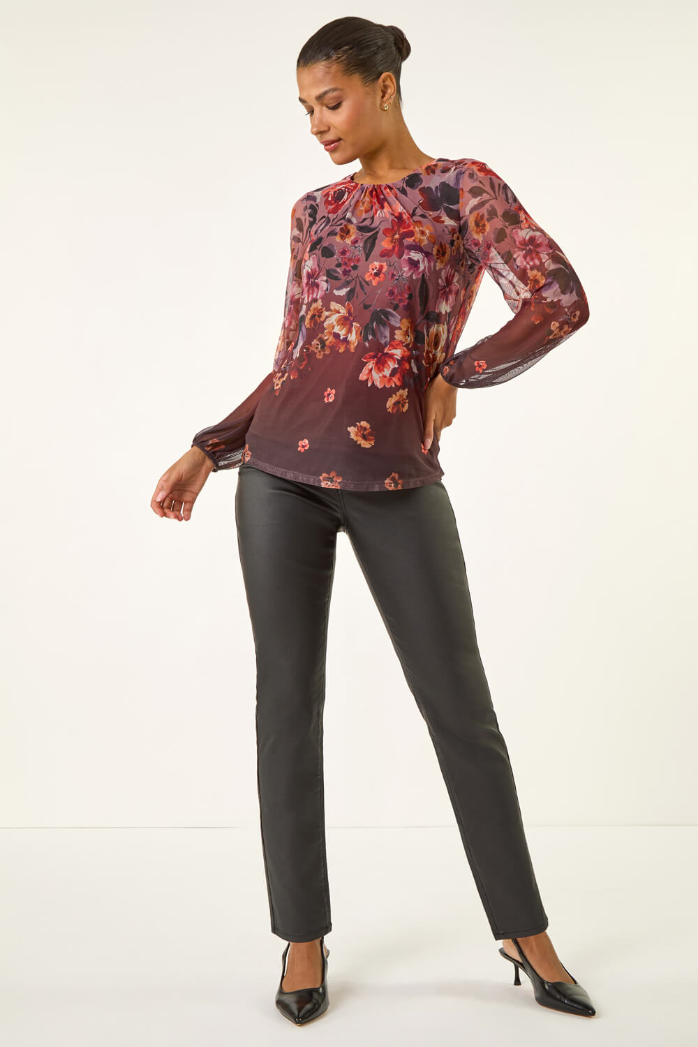 Chocolate Floral Print Mesh Top, Image 3 of 5