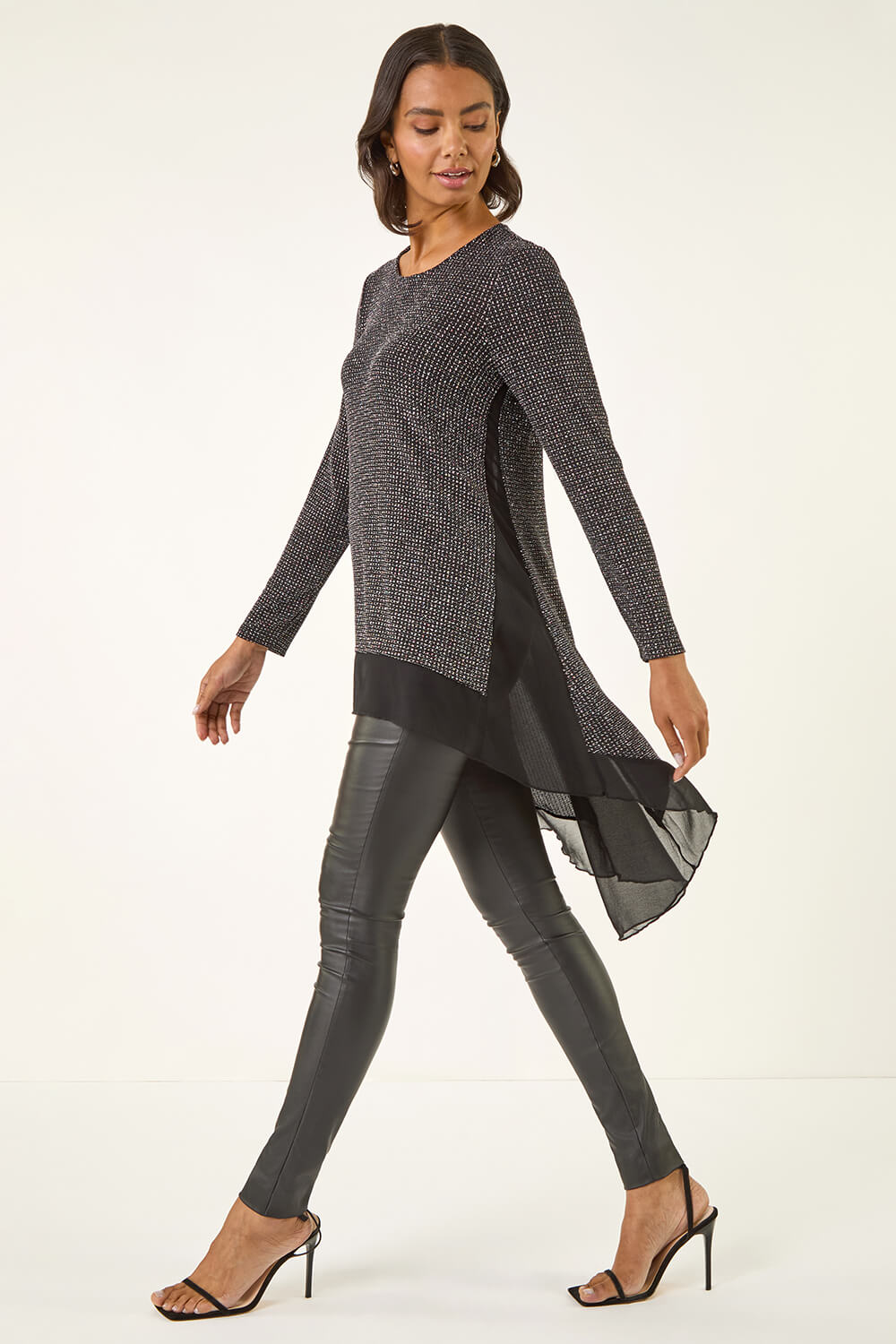 Black Sparkly Chiffon Hem Stretch Top, Image 1 of 5