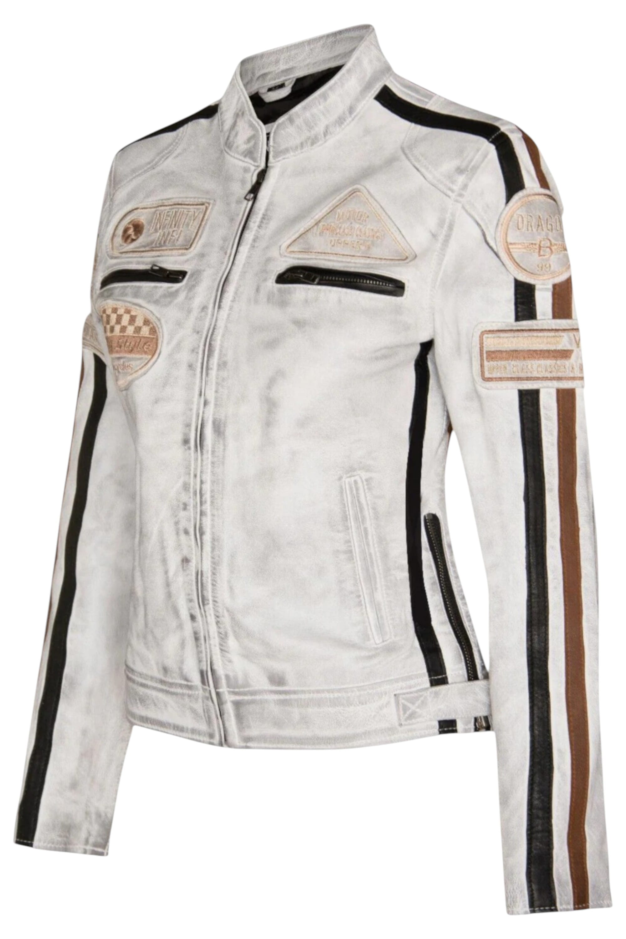 White Biker Racing Badges Leather Jacket, Image 2 of 5