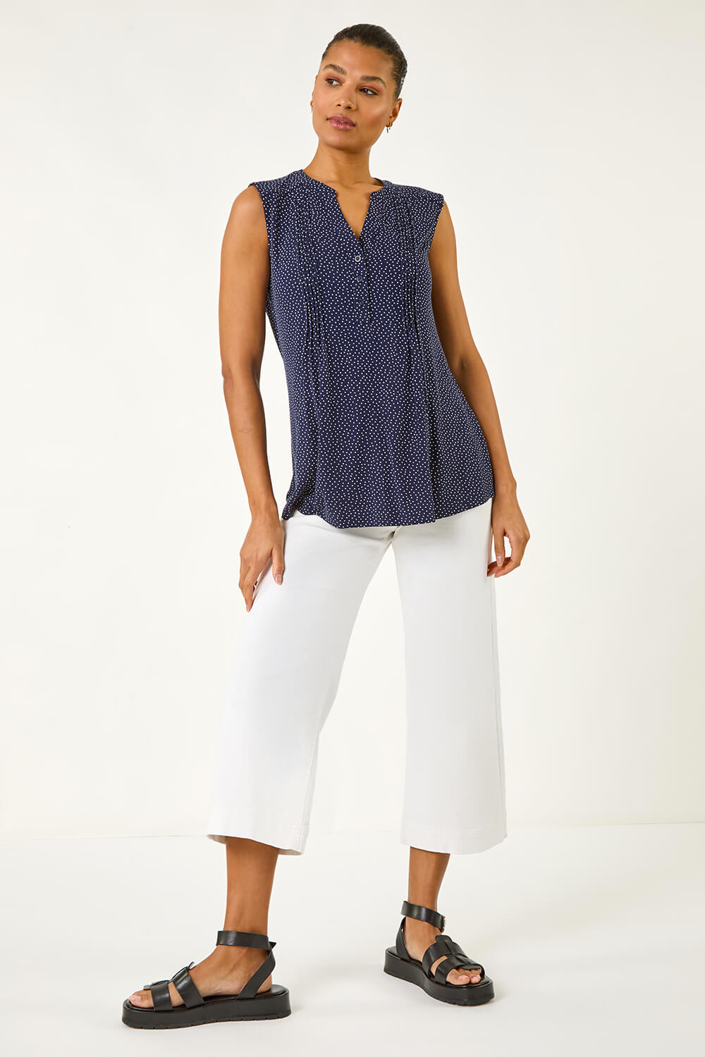 Navy Polka Dot Print Pintuck Vest, Image 3 of 5