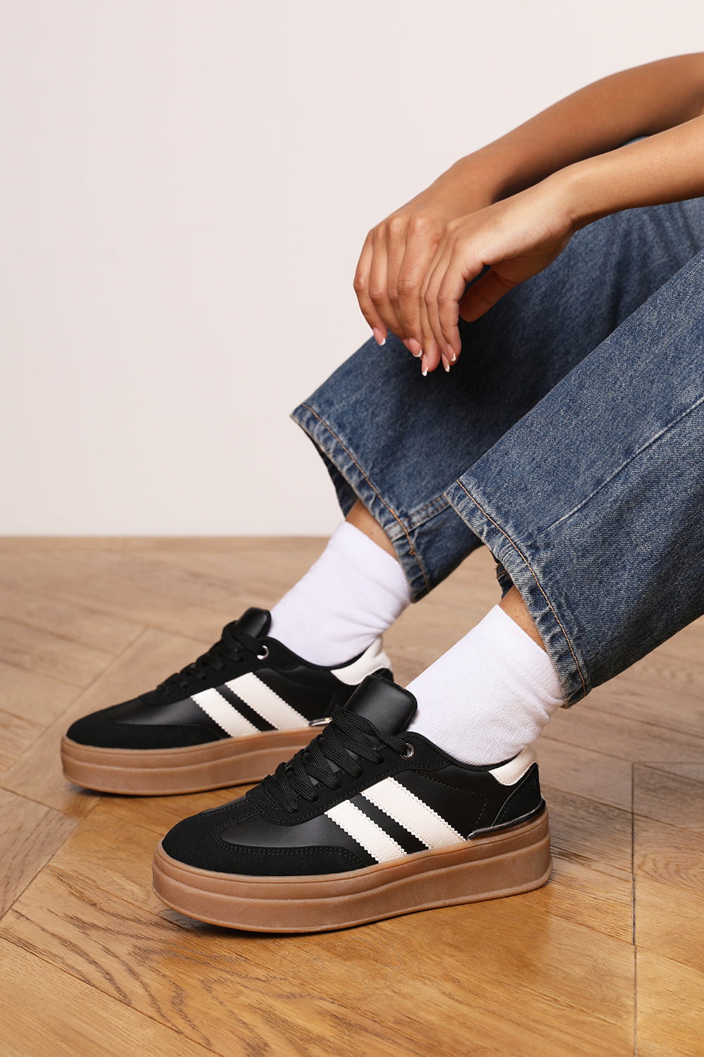 Black 'Brisa' Platform Lace Up Trainers with Side Stripes, Image 8 of 8