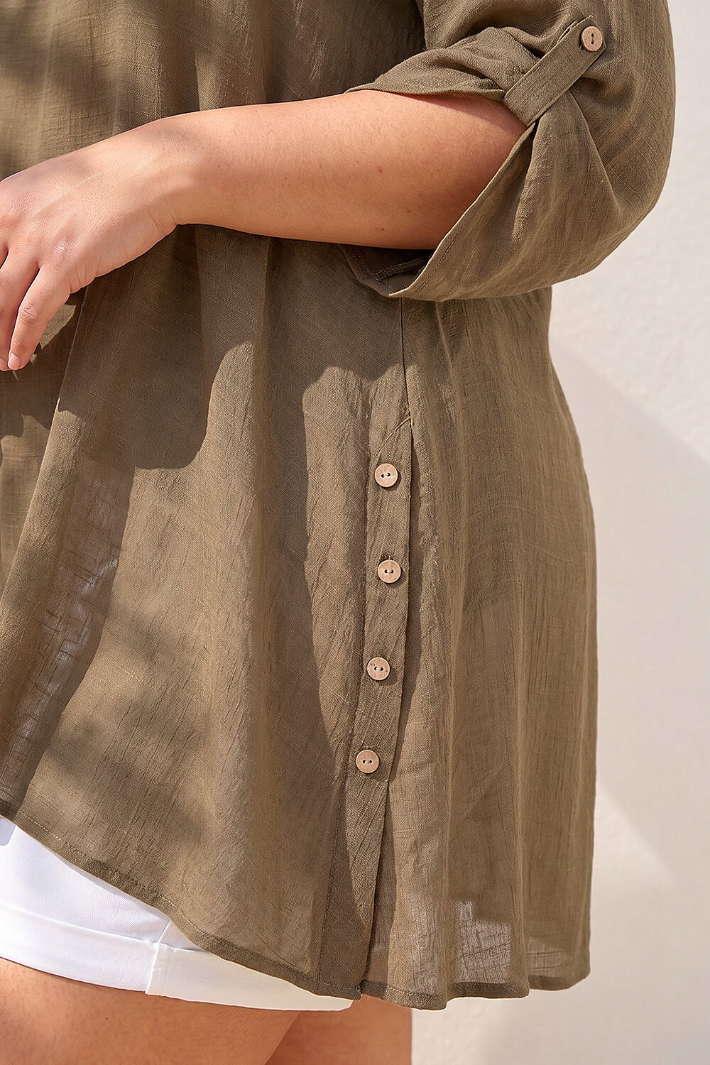 Khaki Curve Buttoned Side Asymmetric Top, Image 5 of 4