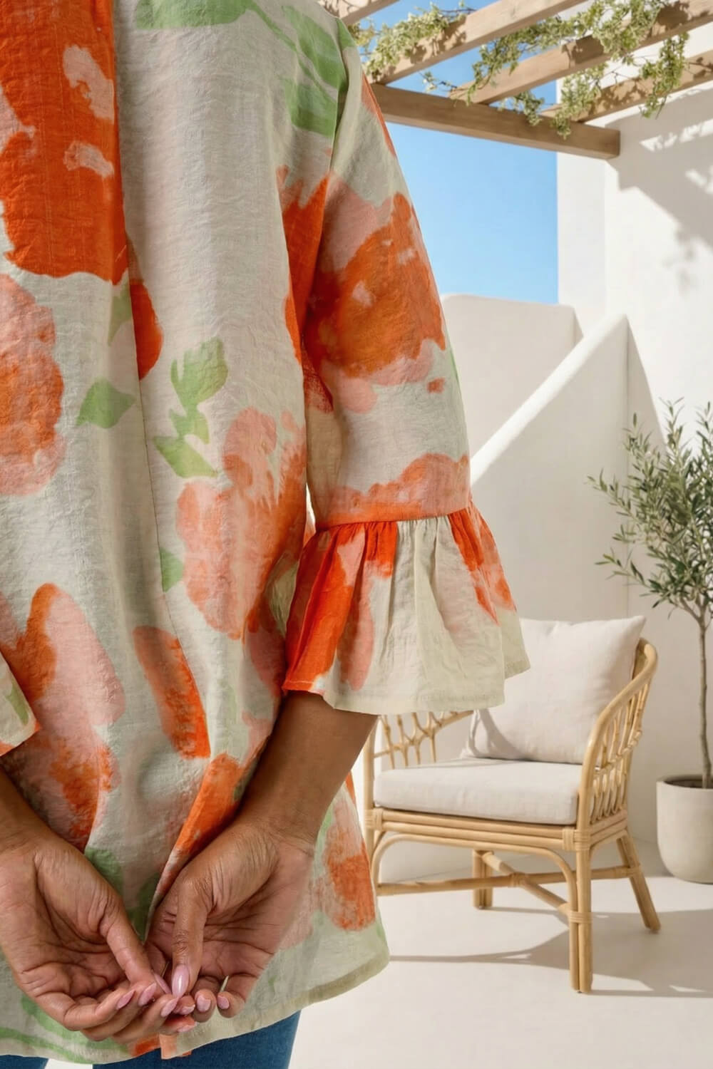 Orange Floral Print Frill Sleeve Top, Image 5 of 4