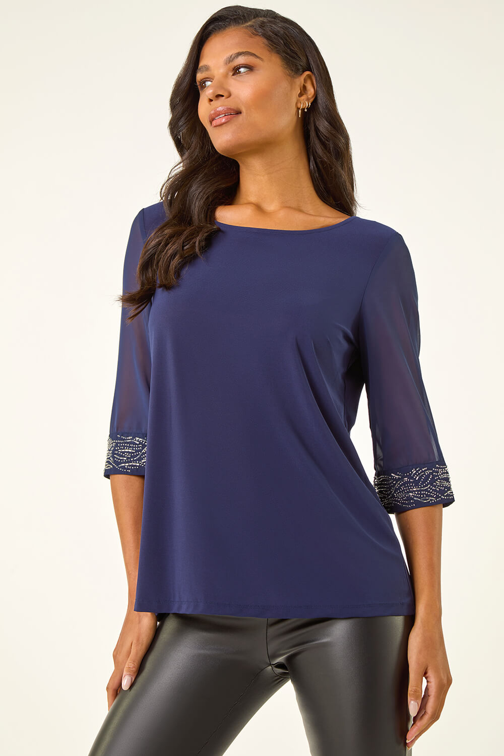 Midnight Blue Embellished Cuff Chiffon Top, Image 5 of 5