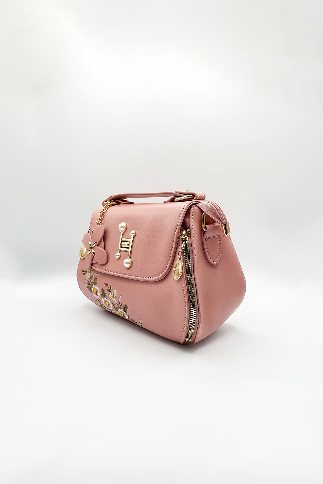 Pink Embroidered Shoulder Bag With Zip Charms, Image 4 of 5