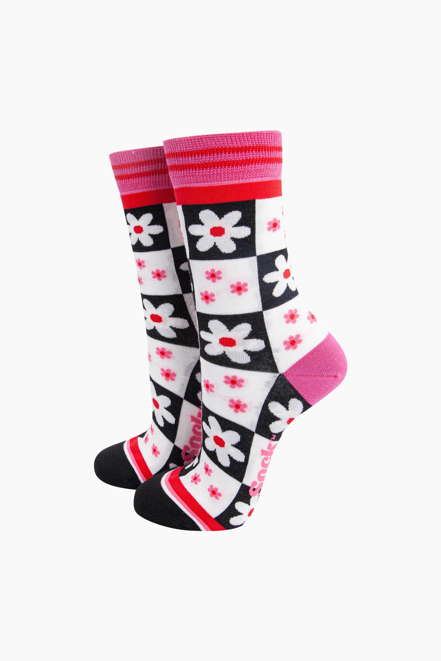 Pink Flower Checkerboard Bamboo Socks