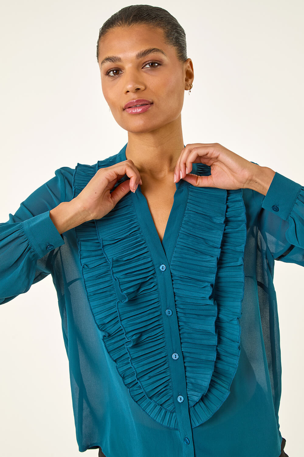Teal Ruffle Front V-Neck Blouse | Roman UK