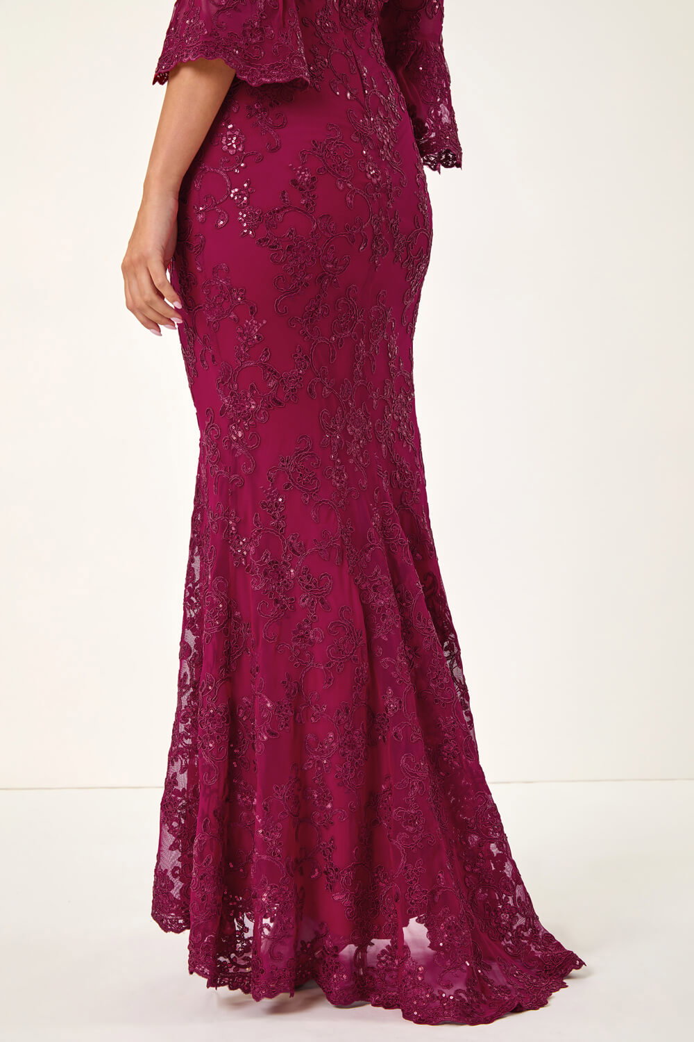 Red Lace Scallop V-Neck Bodycon Maxi Dress, Image 7 of 8