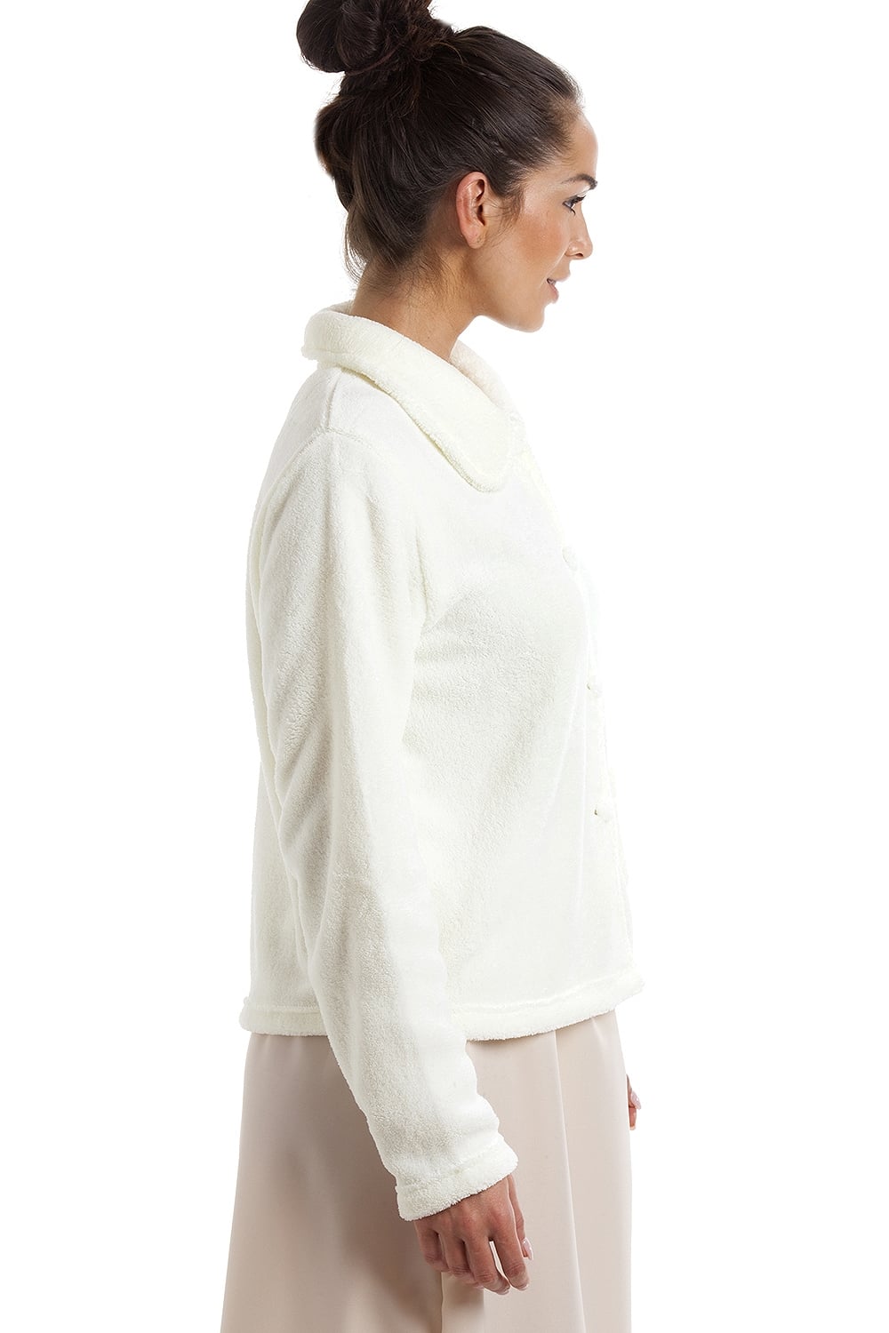 Ivory Camille Lingerie Ivory Soft Fleece Bed Jacket With Floral Motif, Image 4 of 5