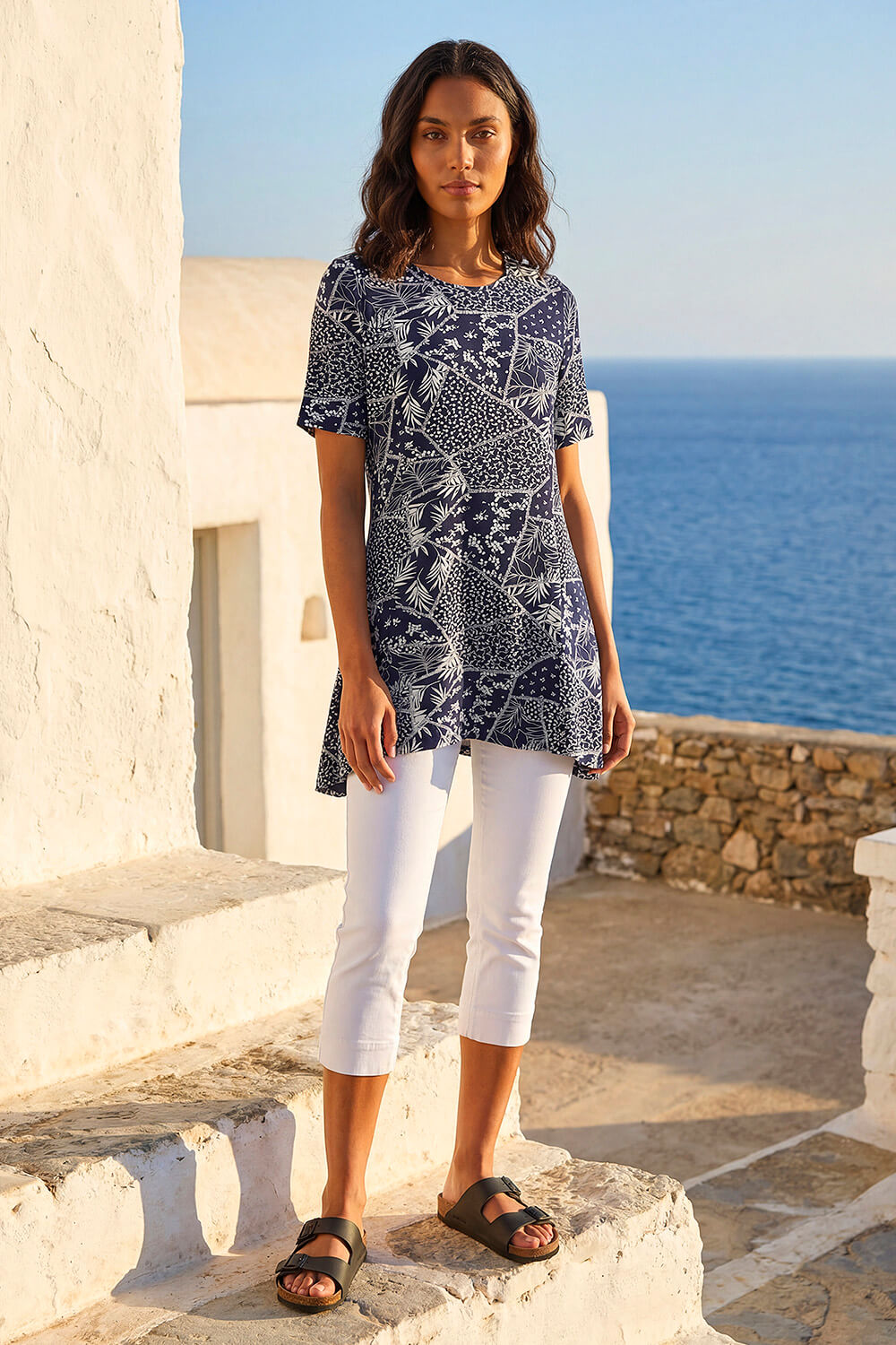 Navy Patchwork Mono Print Tunic Top, Image 3 of 4