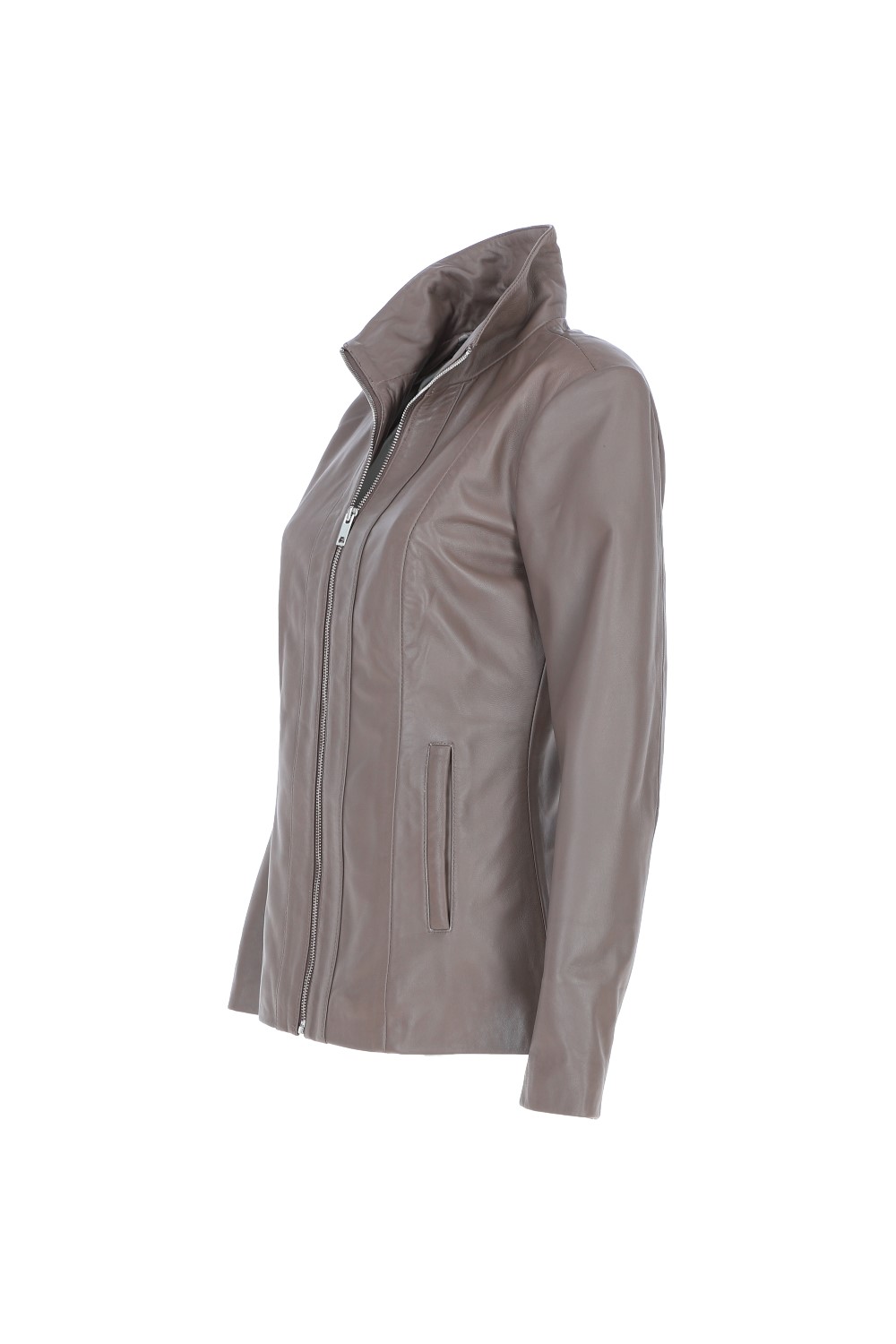 Taupe Casual Leather Jacket with Classic Collar, Image 3 of 5